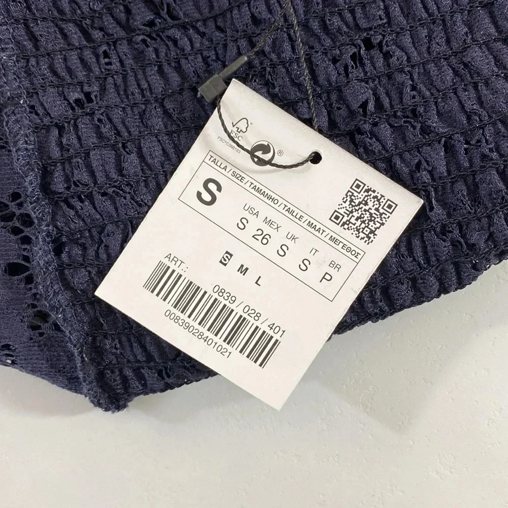 Zara Crop‎ Top Womens Size Small Navy Blue Lace Floral Smocked Square Neckline